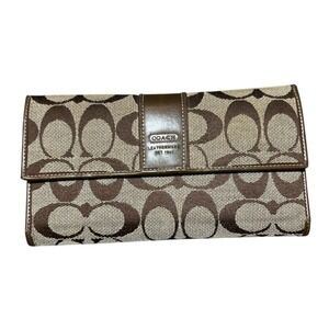 Coach Signature C Monogram Canvas Leather Trifold Wallet Brown Checkbook Y2K ***